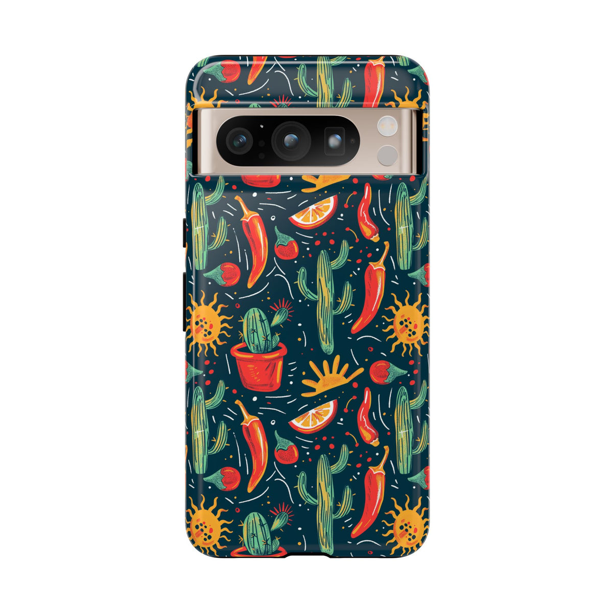 Cactuses, Peppers & Sun Pattern Phone Case – Vibrant Summer Design for Stylish Protection