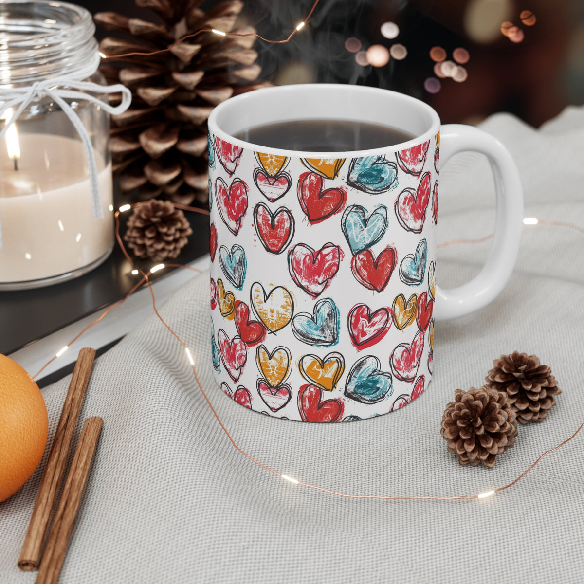Colorful Heart Design Coffee Mug - Endless Love Pattern Ceramic Cup 235