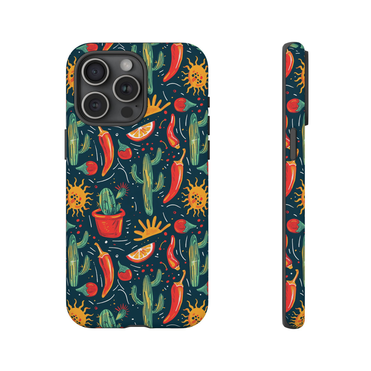 Cactuses, Peppers & Sun Pattern Phone Case – Vibrant Summer Design for Stylish Protection