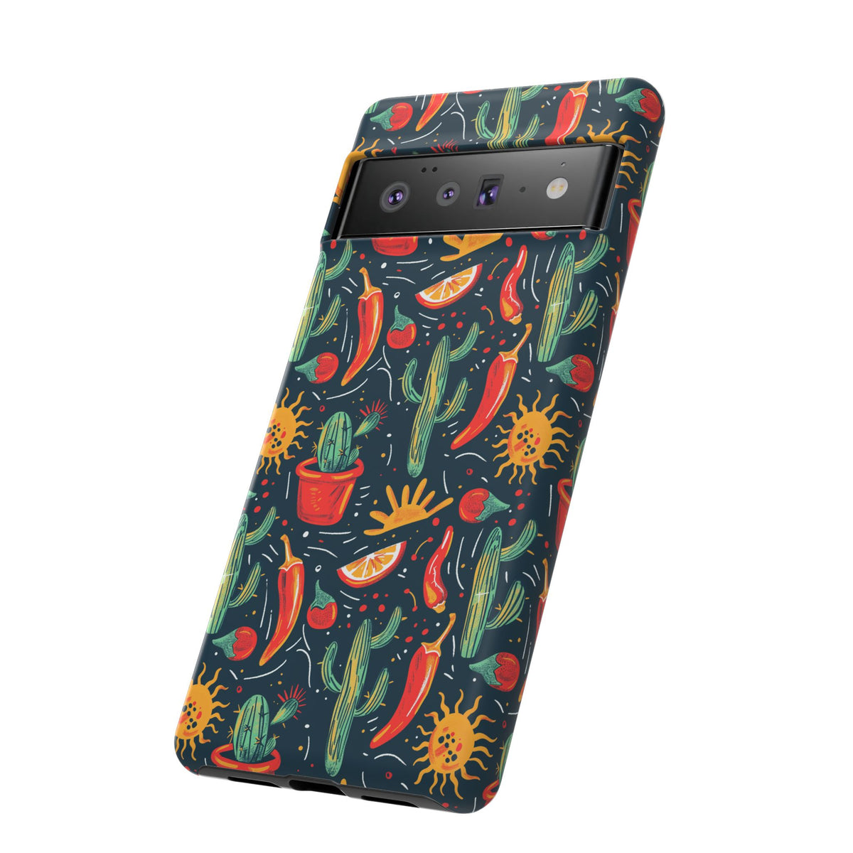 Cactuses, Peppers & Sun Pattern Phone Case – Vibrant Summer Design for Stylish Protection