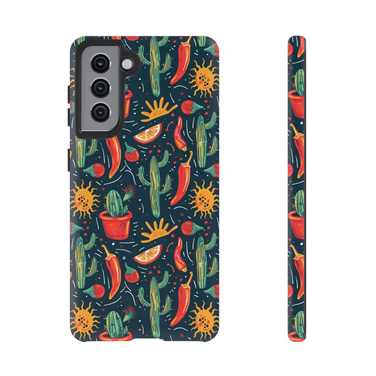 Cactuses, Peppers & Sun Pattern Phone Case – Vibrant Summer Design for Stylish Protection