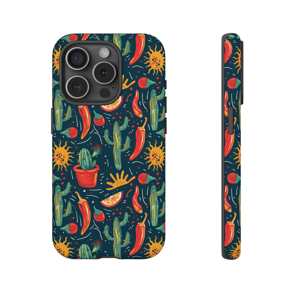 Cactuses, Peppers & Sun Pattern Phone Case – Vibrant Summer Design for Stylish Protection